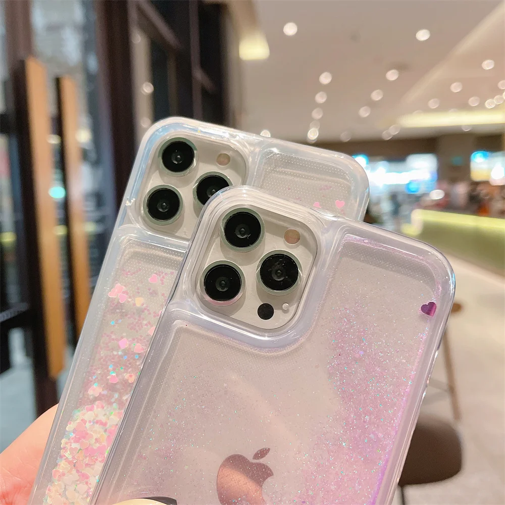 Luxury Love Heart Liquid Glitter Case For iPhone 13 Mini 1514 12 11 Pro XS Max XR 8 7 Plus 6S Quicksand Clear Bumper Cover Shell