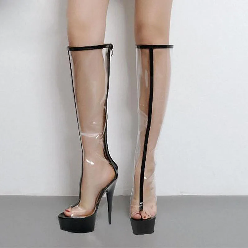 

Sexy Peep toe Clear Platform ultra high heels Knee Boots Woman Transparent PVC patchwork Back Zipper Cross dresser Stage Boots