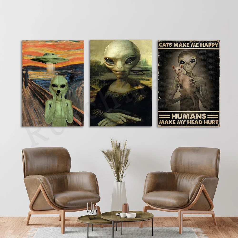 Cats Make Me Happy Humans Make My Head Hurt Poster, UFO Alien Poster, Alien Scream Poster, Alien Logo, Cat Poster