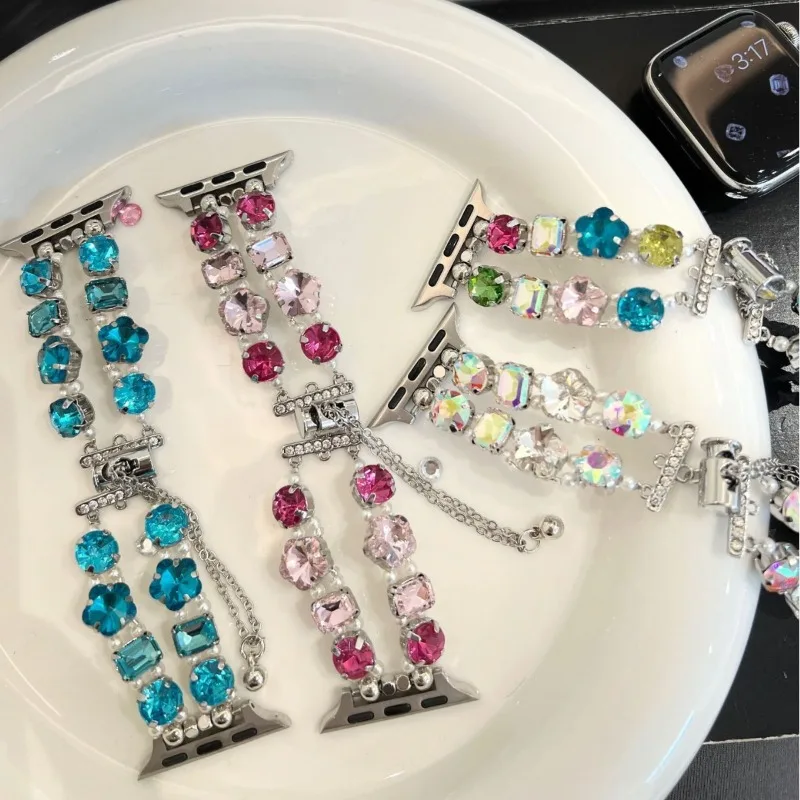 Glam Double Row Crystal Pearl Wristband for Samsung Galaxy Watch7654 Classic FE Rhinestone Bracelet Accessory for Garmin 20 22mm