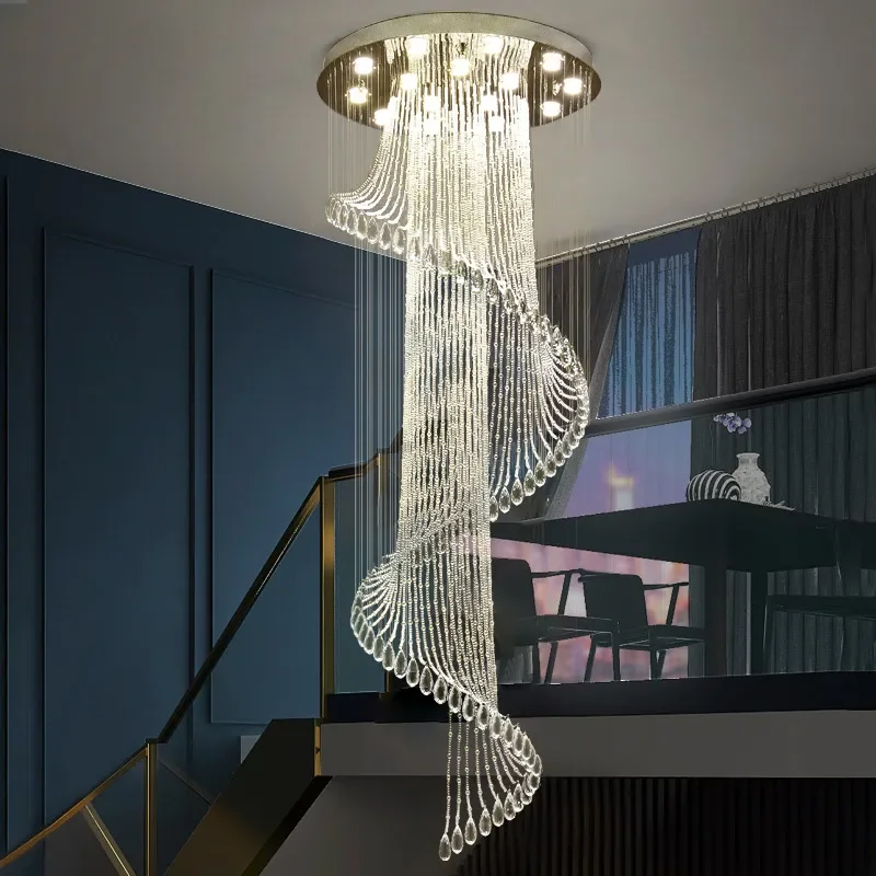 Modern Simple Crystal Stair Chandelier for Villa Loft Duplex Hollow Ceiling Rotating Living Room Light Fixture Atmosphere