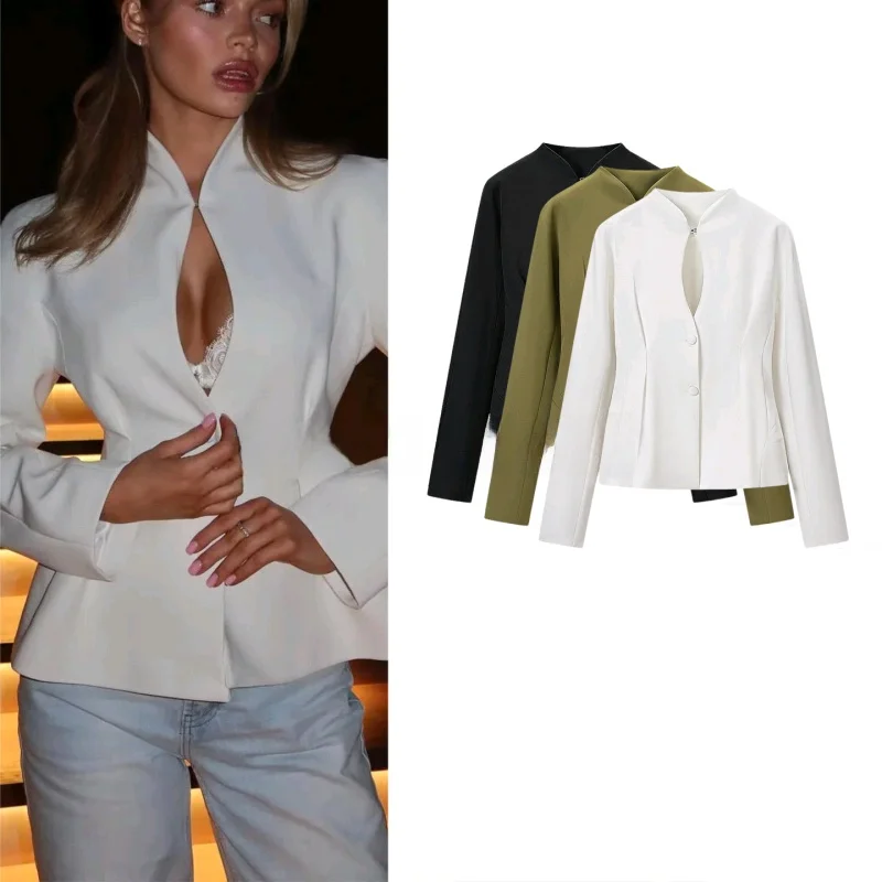 

Spring Summer New Women's Slimming Long Sleeve Stand Collar Two Button Hollow Decorative Waistcoat Suit Jacket Polyester Fiber
