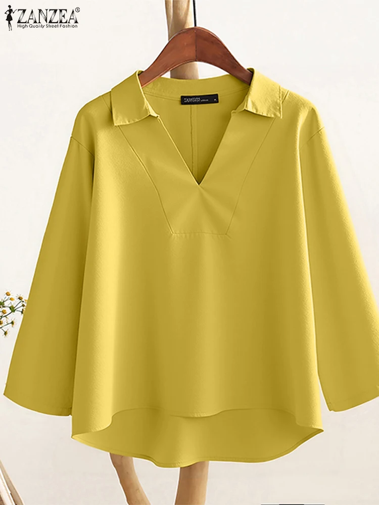 

ZANZEA Women 2025 Autumn High-Low Blouses Everyday Casual Loose V-Neck Long Sleeve Cotton Linen Blusas Mujer Fashion Solid Tops