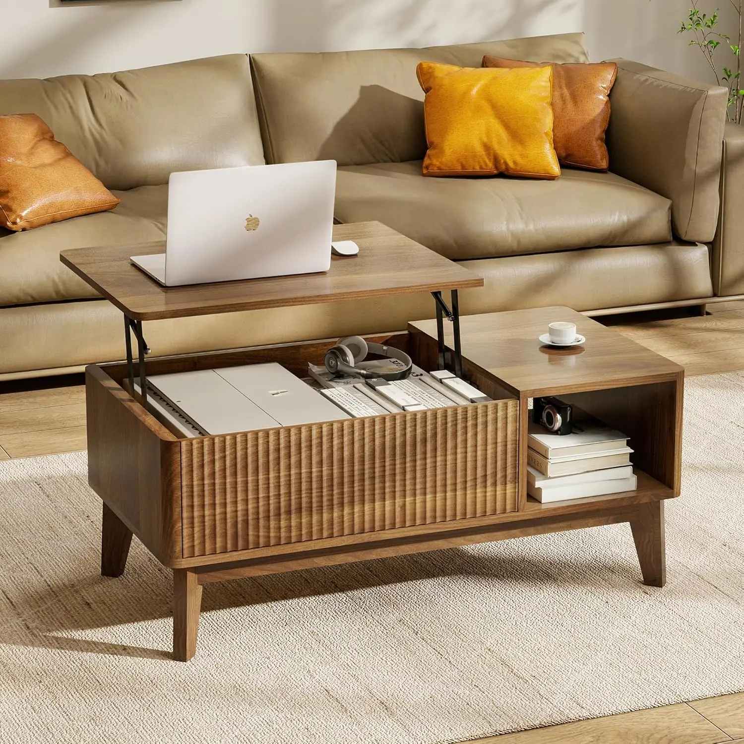 

Fluted Coffee Table with Hidden Compartment, Wood Lift Top Coffee Tables,Modern Center Table for Living Room,Home Office（Walnut）