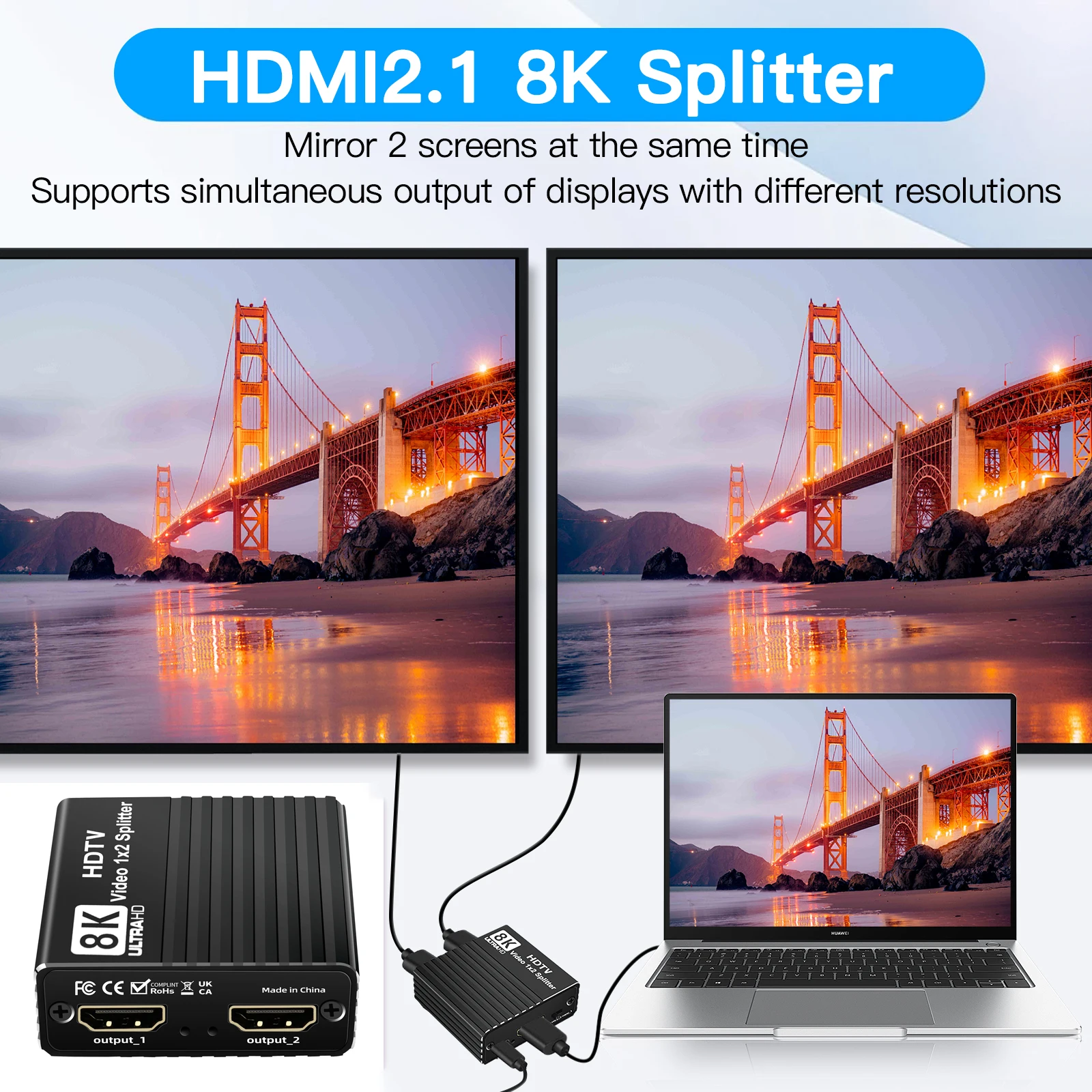 

Разветвитель 8K 1–2 1–2 выхода, двойной дисплей 1X2 HDMI-разветвитель 8K60hz 4K120hz 1080P240hz видеораспределитель для PS5 ПК, ноутбука к телевизору