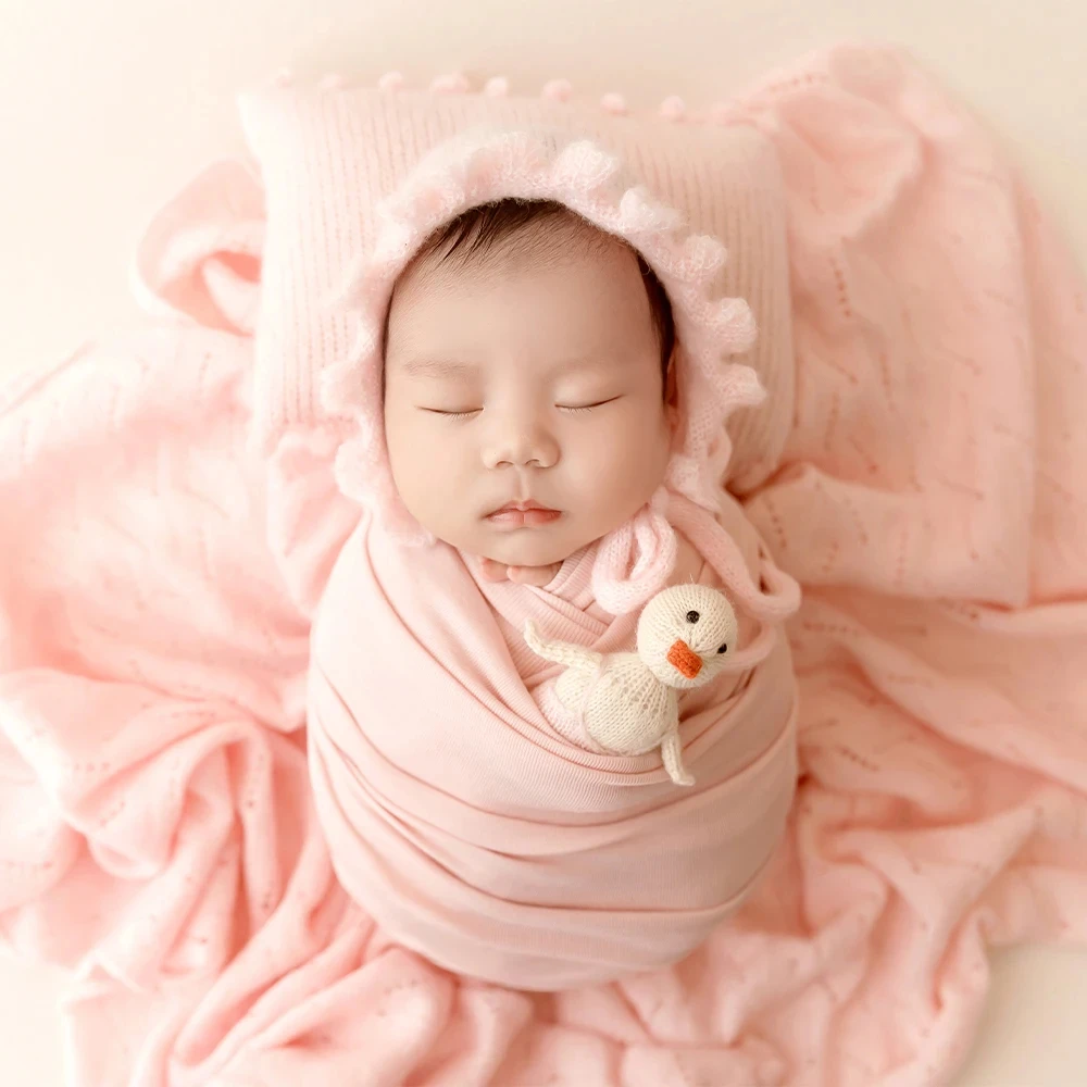 Newborn Photography Props Soft Knitted High Elastic Wrap Cloth Hat Prop Pink Flower Theme Baby Girl Photo Background Accessories