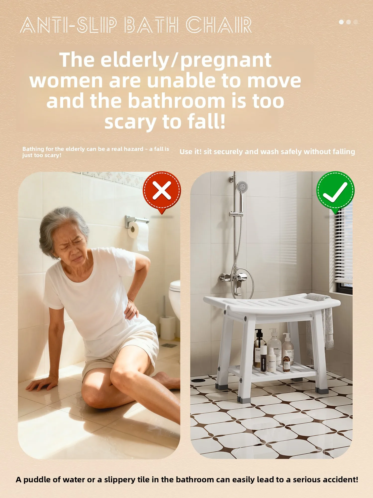 Anti-Fall Shower Stool Non-Slip Bathroom Seat Extra Sturdy Thickened Safety Bench