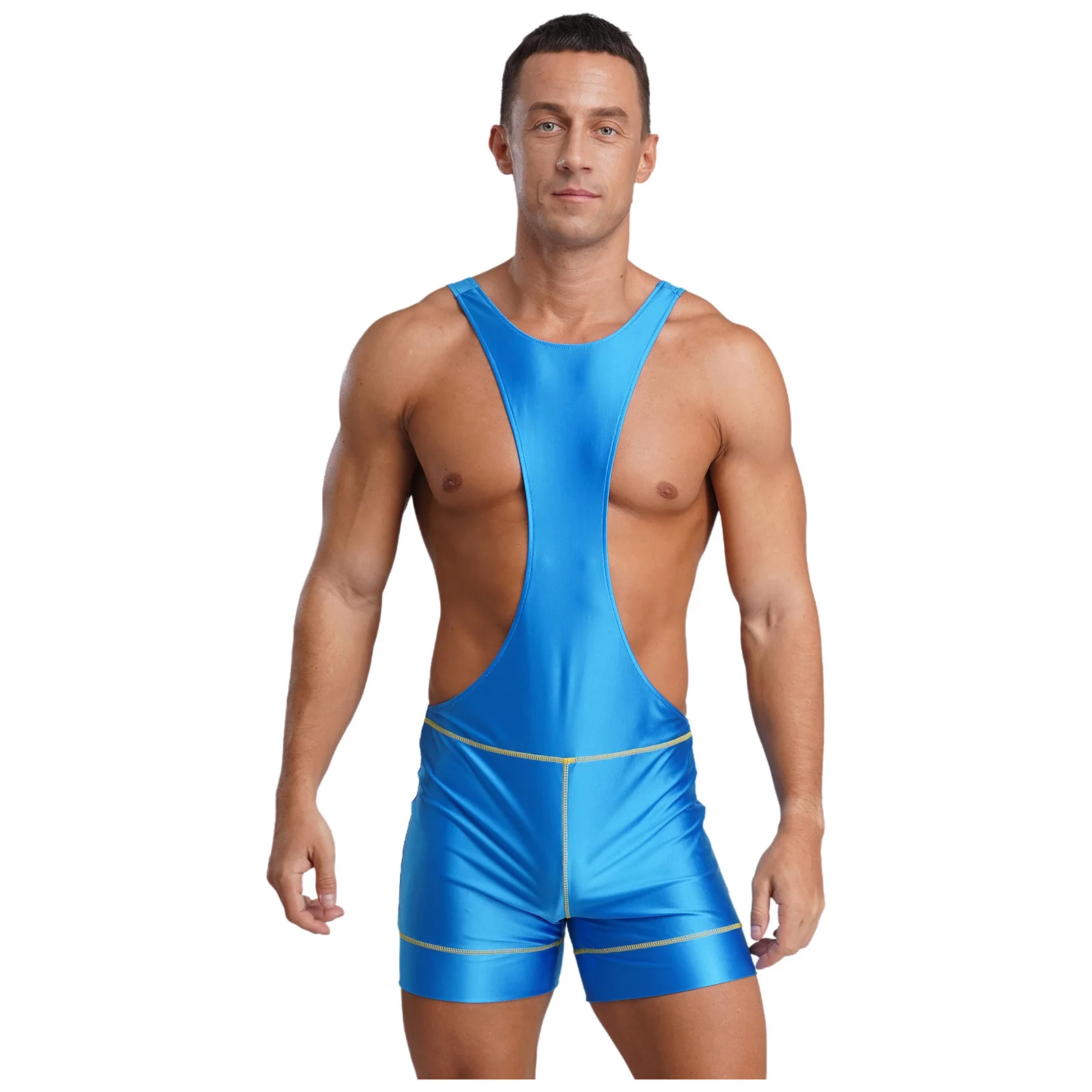 Mens Glossy Cut Out Athletic Leotard Glossy Stretchy Cut Out Open Back Sleeveless Wrestling Singlet Mankini for Yoga Workout