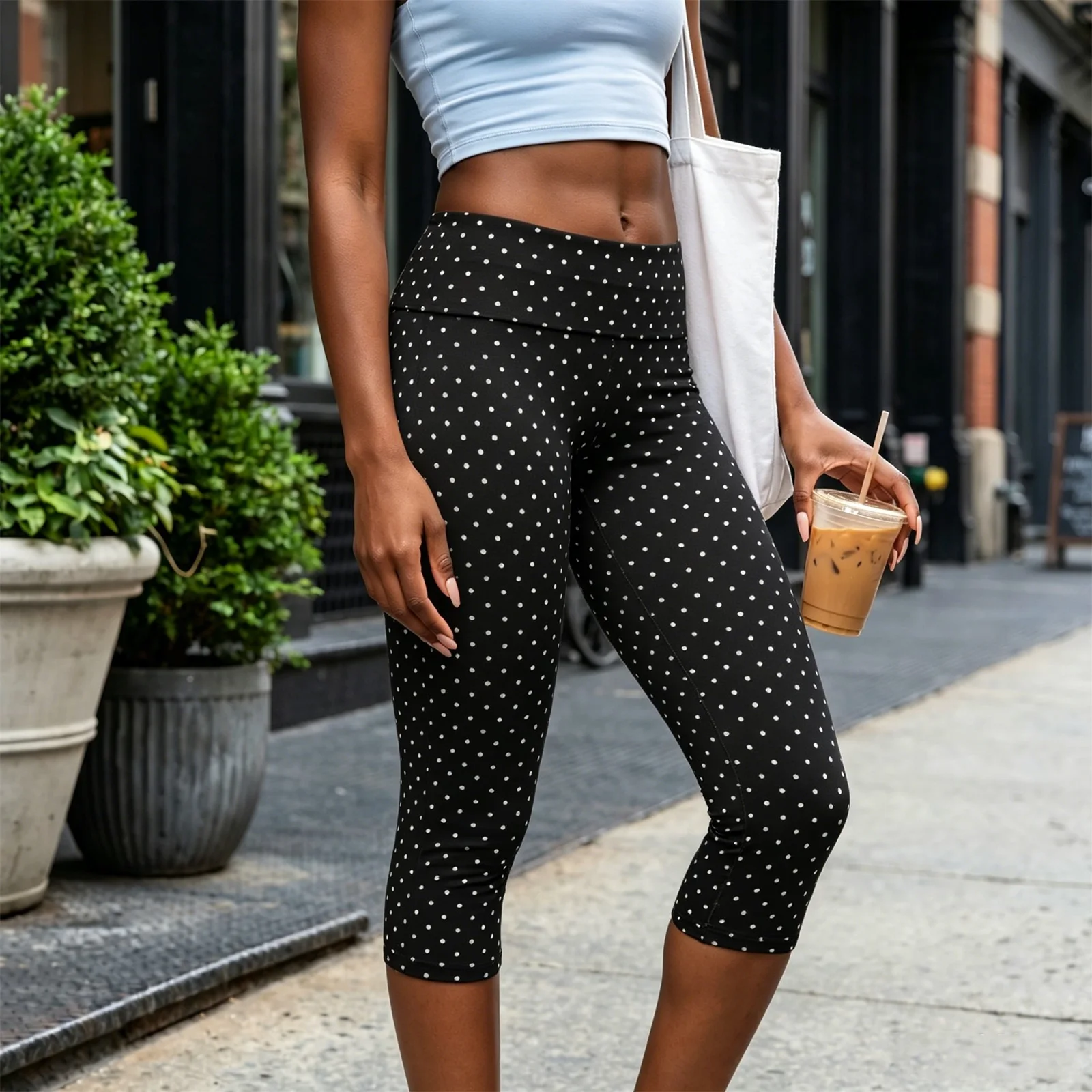 Pantalon Capri slim pour femme, imprimé à pois, avec ceinture élastique, leggings, pantalon court pour les fêtes et le quotidien