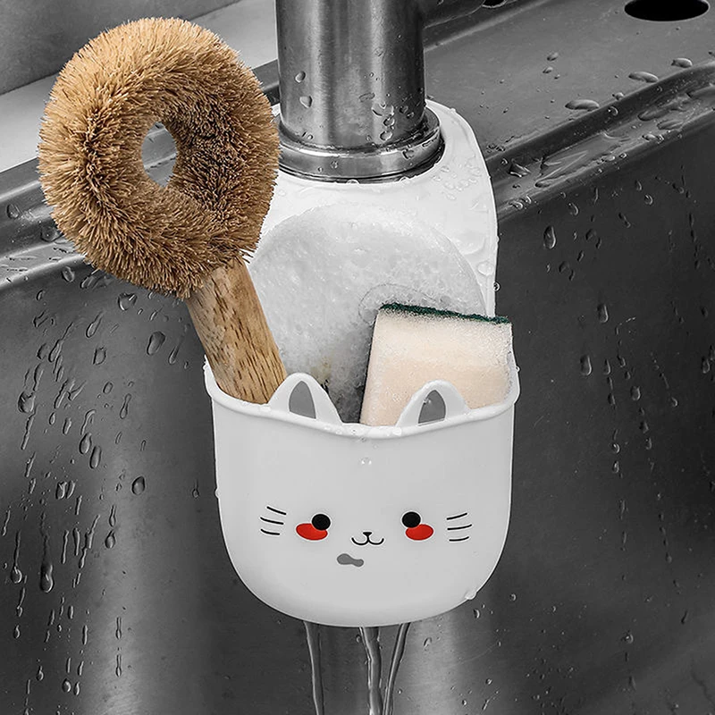 White Cartoon Cat Hanging Basket Soft Snap Fastener Faucet Sponge Holder Silicone Sink Hanging Storage Bag Faucet Accessories