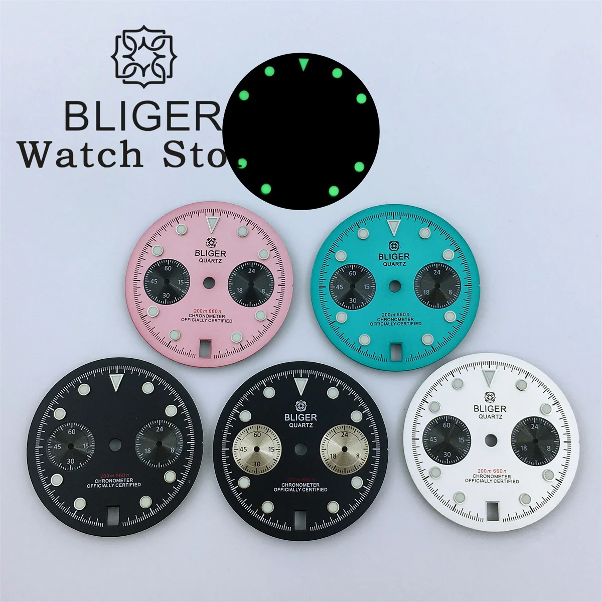 BLIGER 30mm VK64 Dial white Black Blue-green Pink Dial Fit VK64 Quartz Movement Watch Replacement Parts 6 o \'clock date window