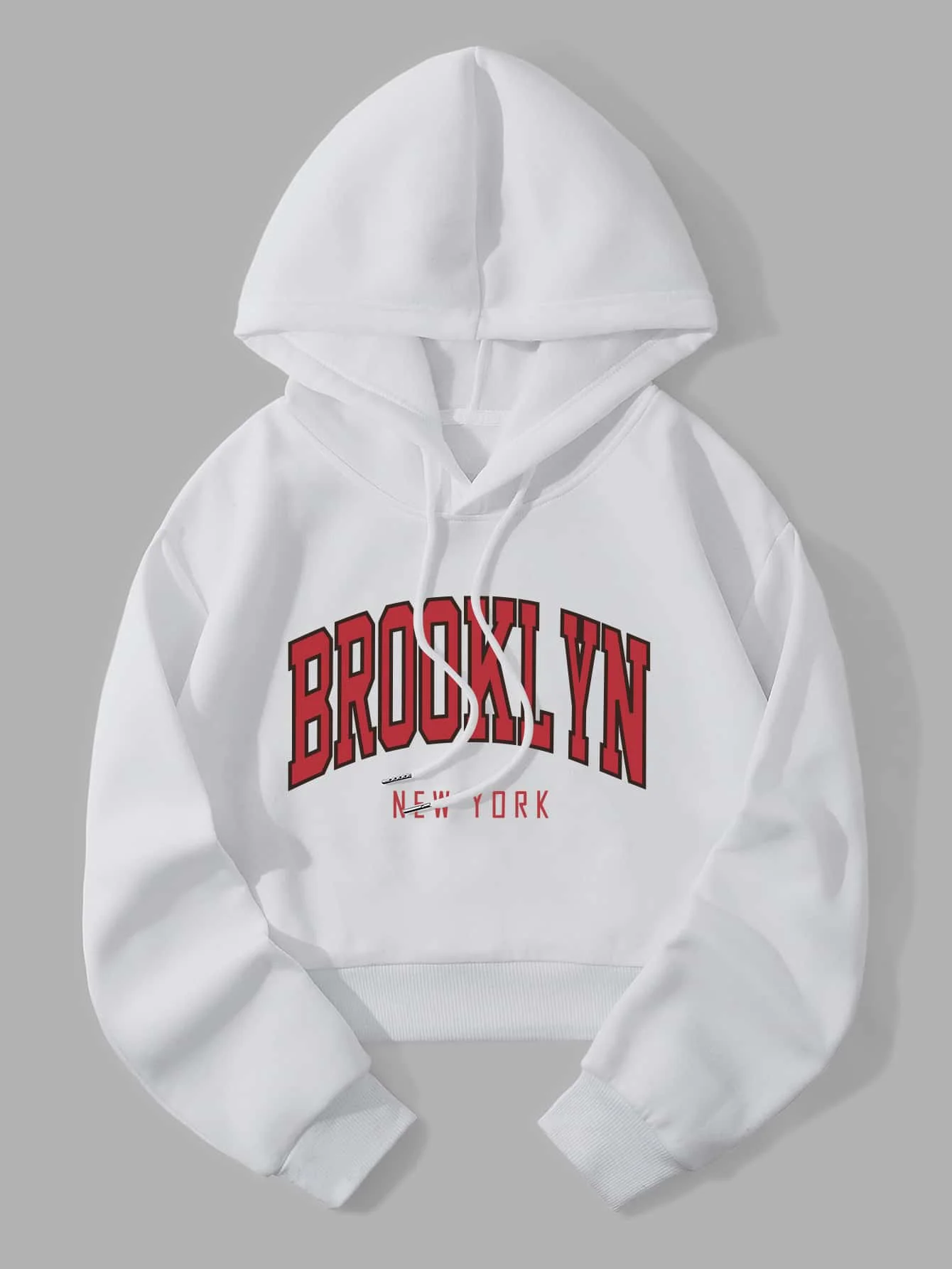 

White Cropped Hoodie with Bold Arch Letter Graphic, Long Sleeve Pullover for Casual Fall Wear