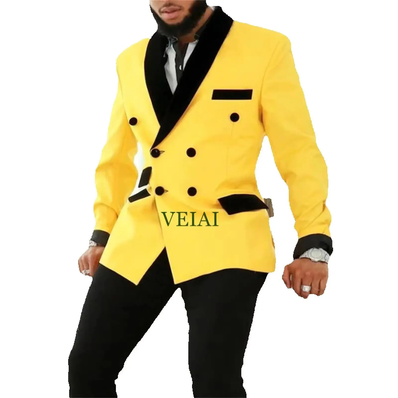 

CustomizedDouble Breasted Yellow Prom Men Suits Slim fit 2 piece Groom Tuxedo for Wedding with Black Shawl Lapel Custom Man Fash