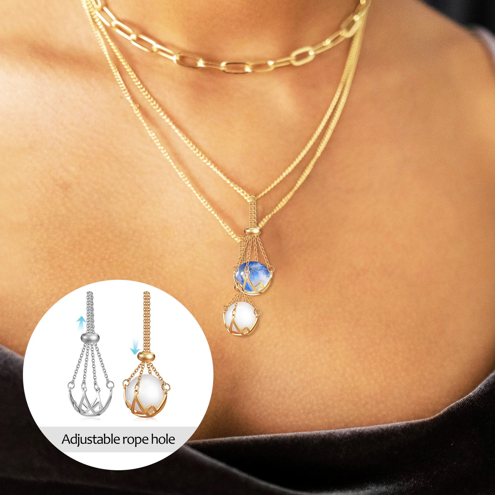 

2Pcs Crystal Cage Necklace Holder Stylish Stone Pendant for Women Layered Jewelry Gold Silver Tone Crystal Stone Holder Necklace