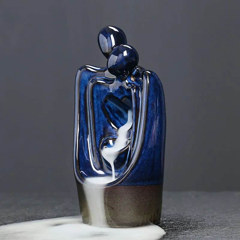 1pc Ceramic Backflow Incense Burner Blue Kiln Variation Aromatherapy Furnace with Abstract Couple Design Valentine's Gift view 5