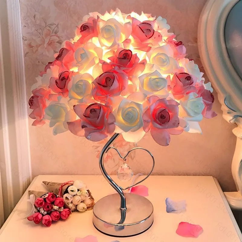Creative European‑Style Feather Rose LED Desk Lamp for Bedroom Wedding Room Birthday Gift Decoration