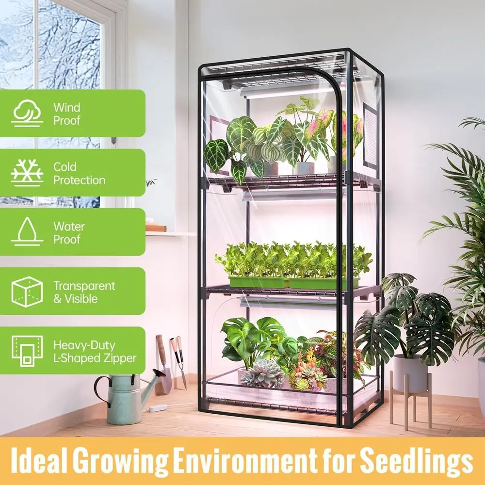 โรงเรือนปลูกต้นไม้ในร่ม 4 ชั้น พร้อมผ้าคลุม PVC แบบมีซิป ระบายอากาศ ช่องระบายน้ำด้านล่าง ไฟสเปกตรัมเต็ม 20 วัตต์ พร้อมตัวตั้งเวลา สำหรับต้นกล้า ขนาด 27 ลิตร