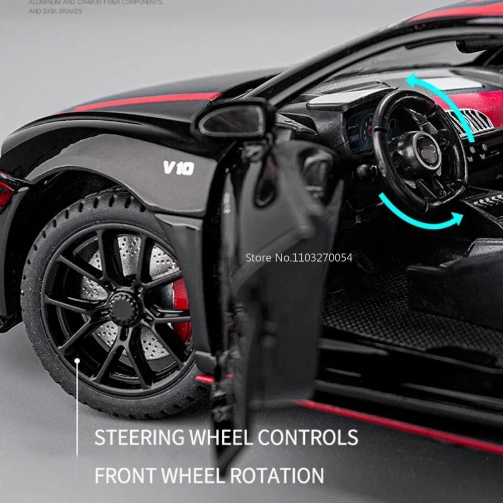 1/24 R8 V10 다이캐스트 금속 합금 장난감 모형 자동차 시뮬레이션 컬렉션 사운드 및 라이트 후진 기능 정교한 인테리어 차량