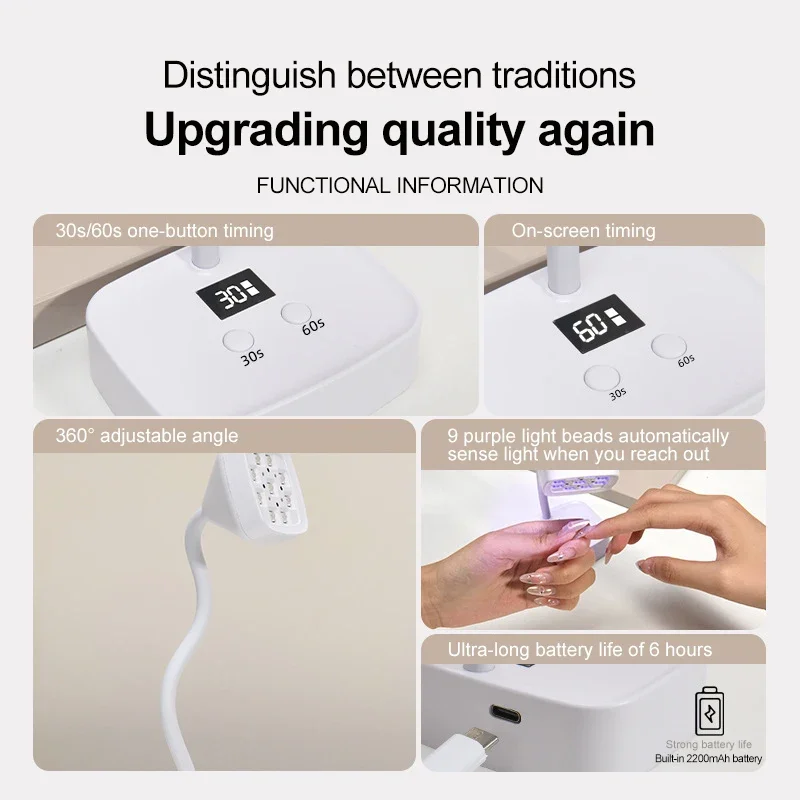 Oplaadbare 9 LED UV-bureaulamp 360 °   Buigbaar voor nagels Gel Polish Sneldrogend Draagbare manicure Salon Draadloze nageldroger Gereedschap