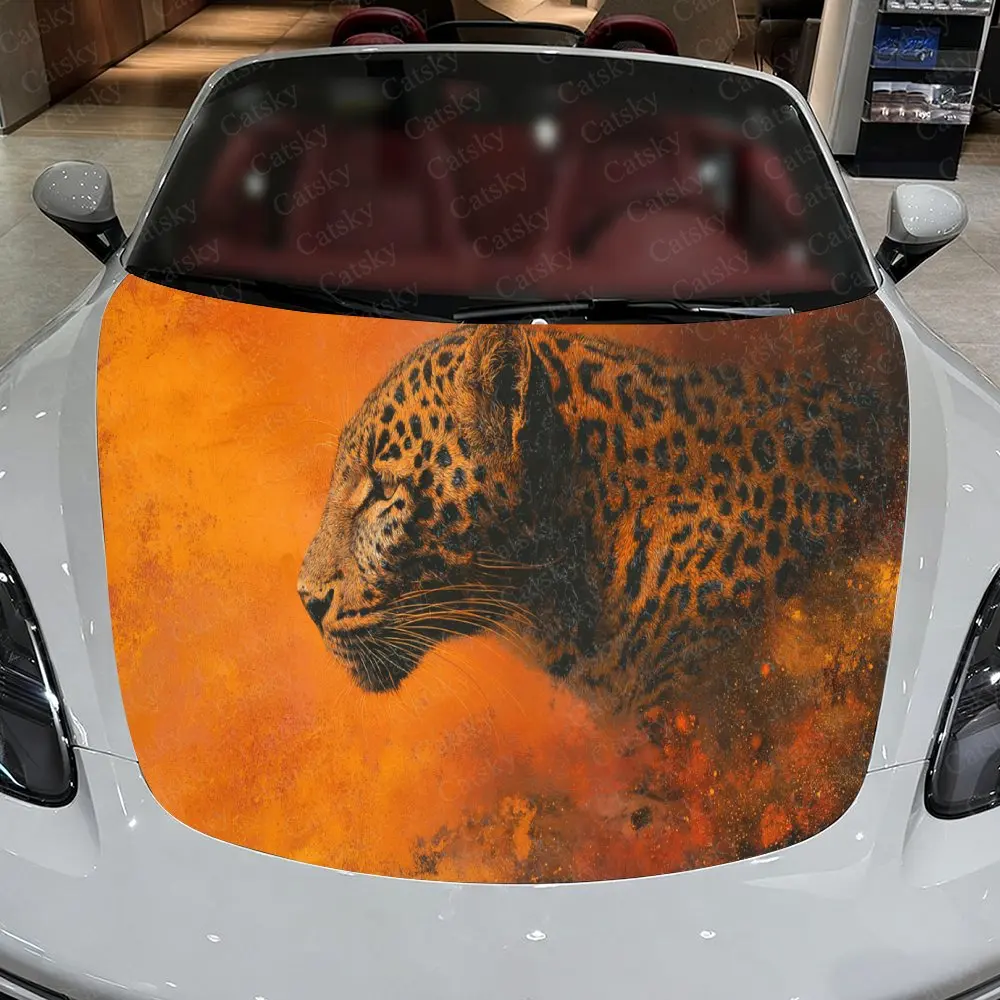 

Car Decal Leopard in Stalking Pose Amid Orange Artistic Fusion, Delivering Bold Exotic Gothic Appeal Car Hood Sticker, Waterproo
