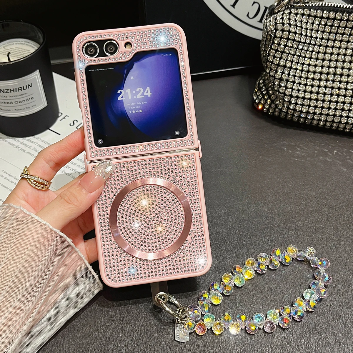 Luxury Bling Diamond Magnetic Crystal Bracelet Chain Strap Phone Case Cover For Samsung Galaxy Z Flip 6 5 4 3 5g F7110 F7070 Fun