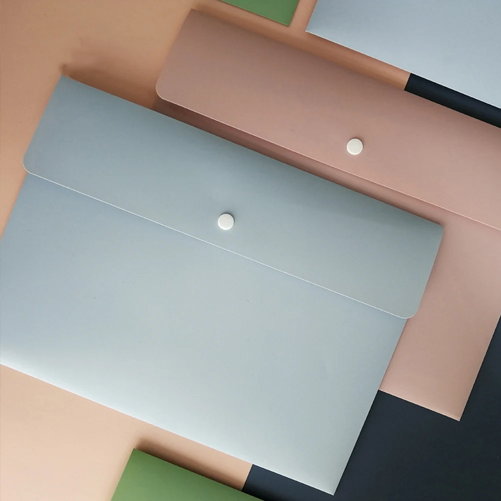 2 Pcs File Folder Document Bag ganizer Button Buckle Pockets Office Blue Student PP Material Waterproof Smooth Ideal