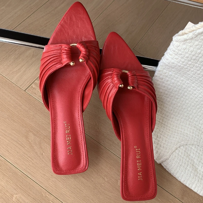 

Summer 2025 Women Slippers Fashion Metal Decoration Open Toe Slide Sandals Pointed Toe Sexy Low Heel Brand Shoe Zapatos De Mujer