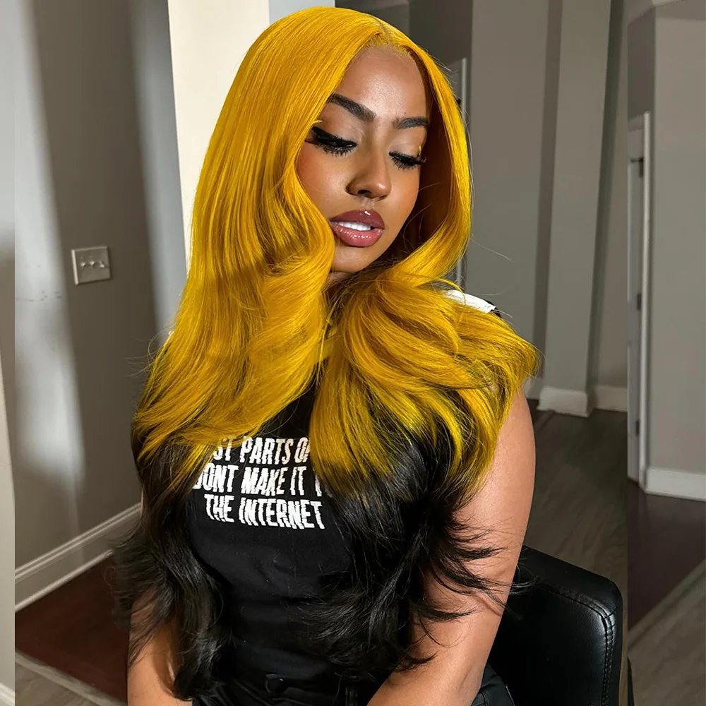 Linhua Hair Bright Ginger WIth Black Omber Colored Body Wave 13X6 Lace Frontal Wig Preplucked 180% Peruvian Remy 4x4 Lace Wigs