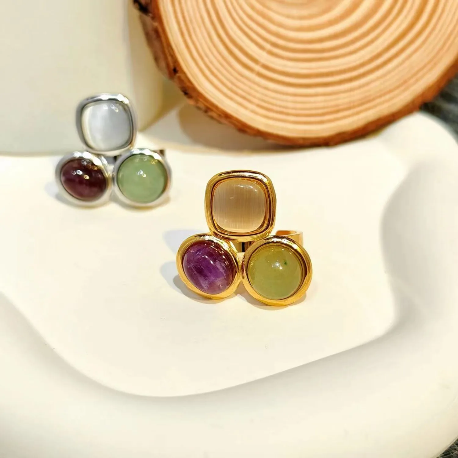 HUANZHI Irregular Tricolor Stone Ring for Women Girls Personalized Stainless Steel Fashionable Simple Open Design Jewelry