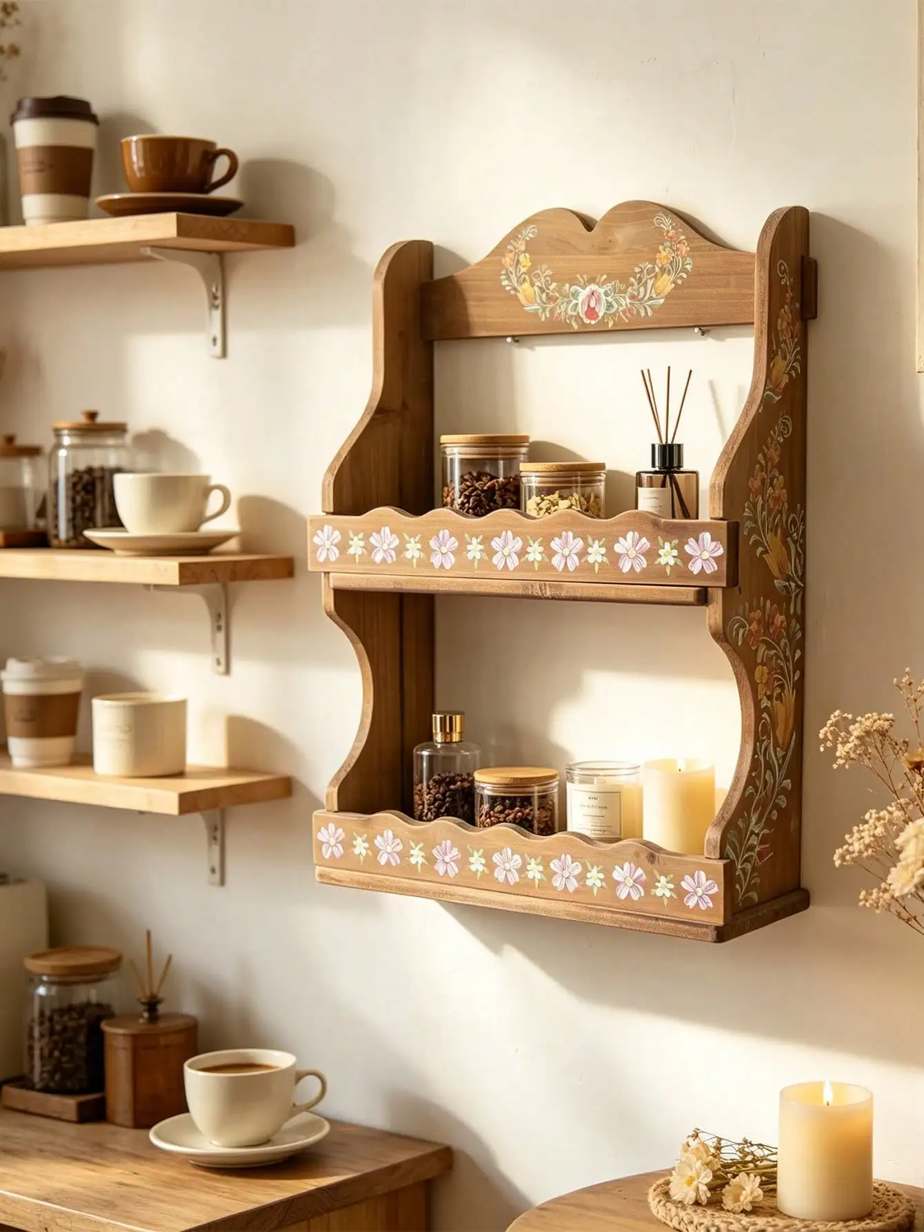 1pc 2-Tier Vintage Floral Hand-Painted Wooden Wall Shelf, Rustic Farmhouse Style Wall-Mounted Storage Rack, Suitable For Bathroom Vanity, Kitchen Spice Rack, Entryway Decorative Hanging Storage, Home Decor, Back To School Gift