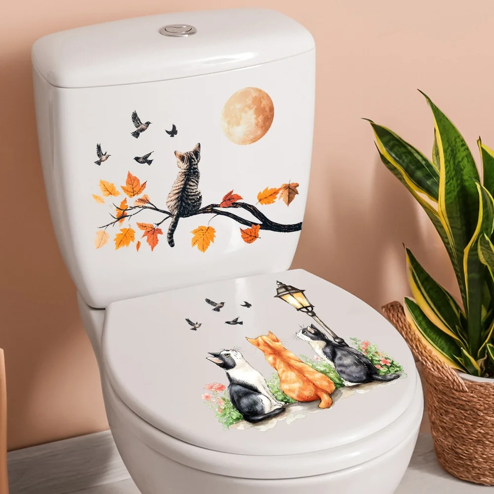 Artistic Cat Autumn Night Toilet Decal PVC Waterproof Wall Sticker for Bathroom Decor 27x24cm 27x19cm 40x29cm Orange