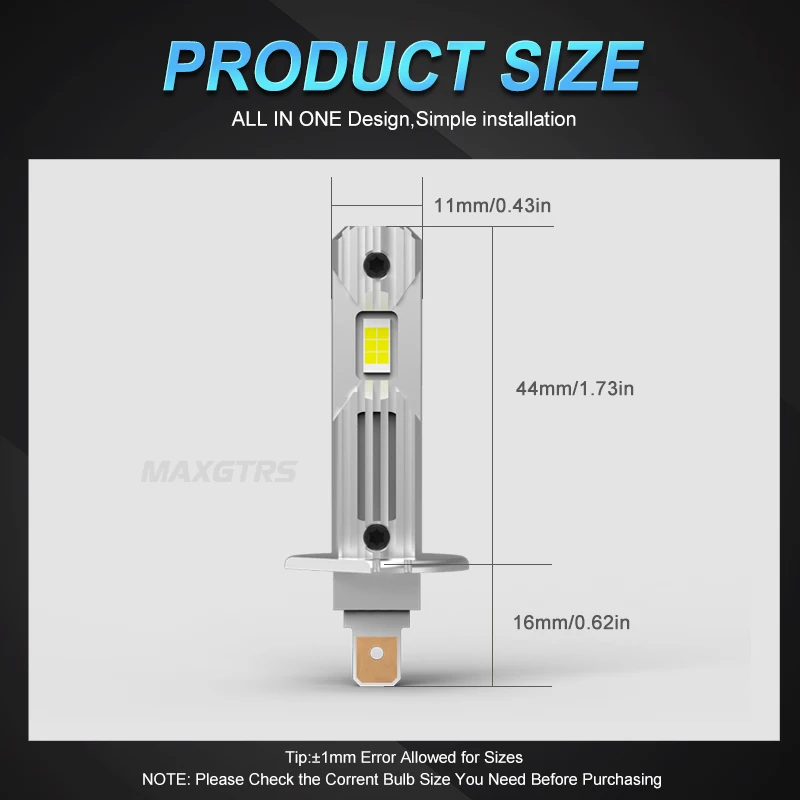 MAXGTRS 2Pcs Canbus LED Light Bulb H1 LED Headlight Mini Size Design Wireless Fanless For Car LED Lamp CSP Chips 12000LM White