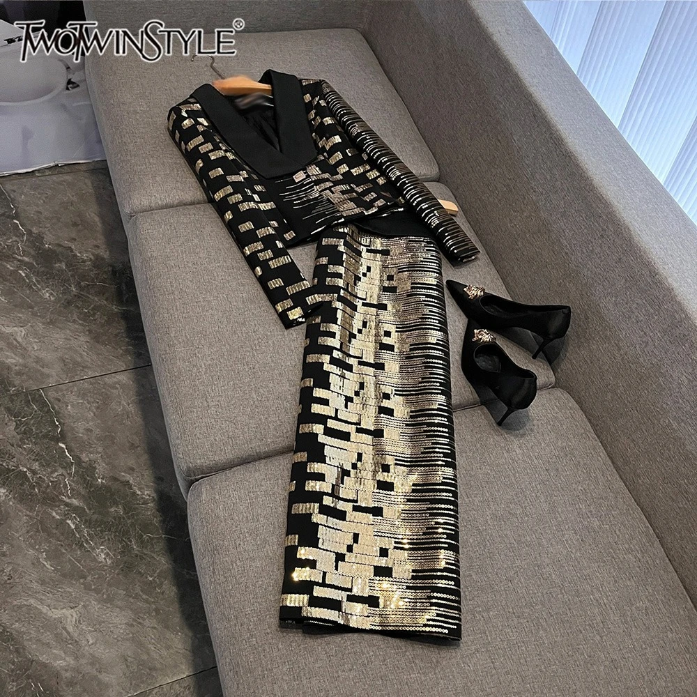 

TWOTWINSTYLE Temperament Hit Color Two Piece Sets For Women V Neck Long Sleeve Top High Waist Skirt Chic Set Female KSE552946