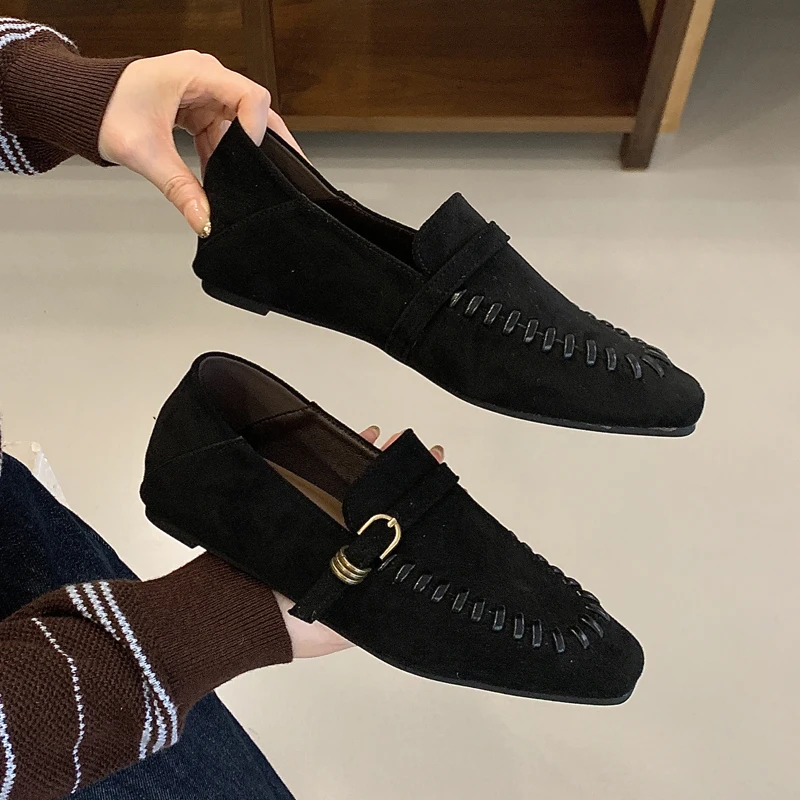 

women shoes casual loafers narrow band square toe Oxford vintage shallow slip on buckle shoes autumn winter suede zapatos mujer