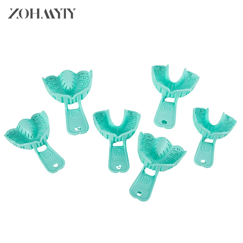 6Pcs Dental Implant Tray Green Full Mouth Removable Partial Mold Tray Easy To Fold Baffle Plastic S/M/L