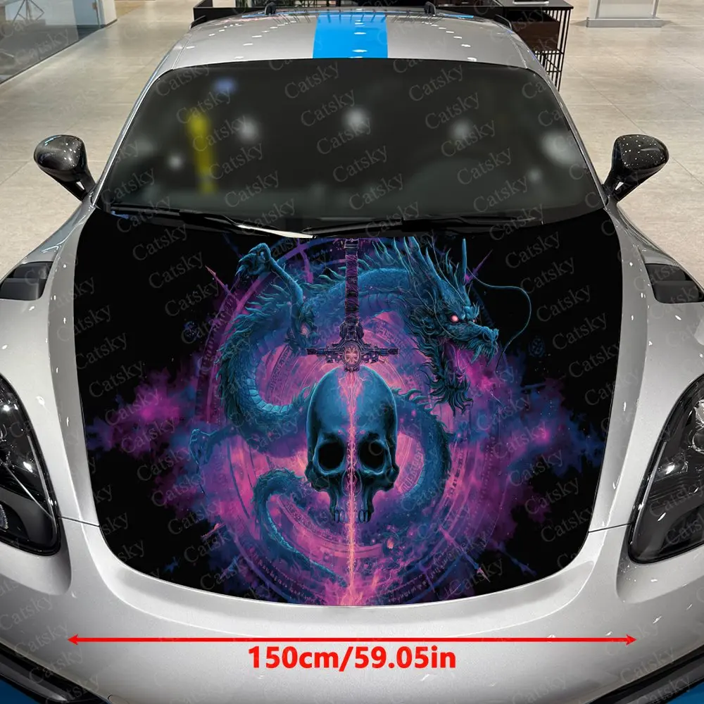 Neon Nether Dragon & Split Skull Sword Car Vinyl Wrap, PVC Waterproof Car Hood Sticker, Self-Adhesive Scratch-Resistant Stickers