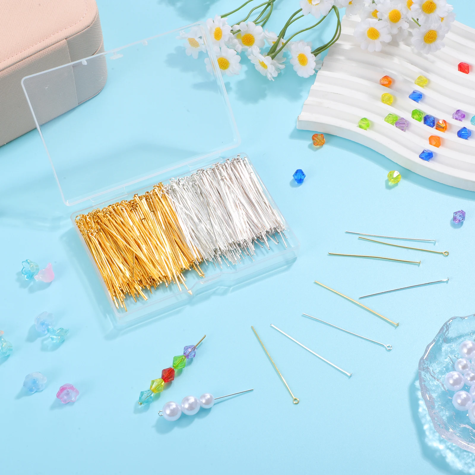 

800pcs Jewelry Accessories DIY Metal Supplies Crafting Findings Flat Head Pins Eye Pins for Earrings Bracelet Making Projects