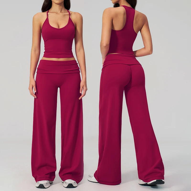 Women Sportwear 2 Piece Yoga Set Pilates Tank Top Wide-leg Trousers Workout Gym Clothes Fitness Suit Speed Activewear