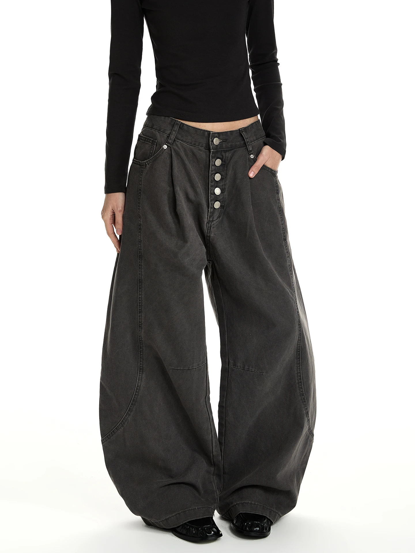 

Американские ретро-брюки с декоративными пуговицами, широкие прямые повседневные брюки, повседневные брюки с изгибом, хлопковые повседневные брюки...