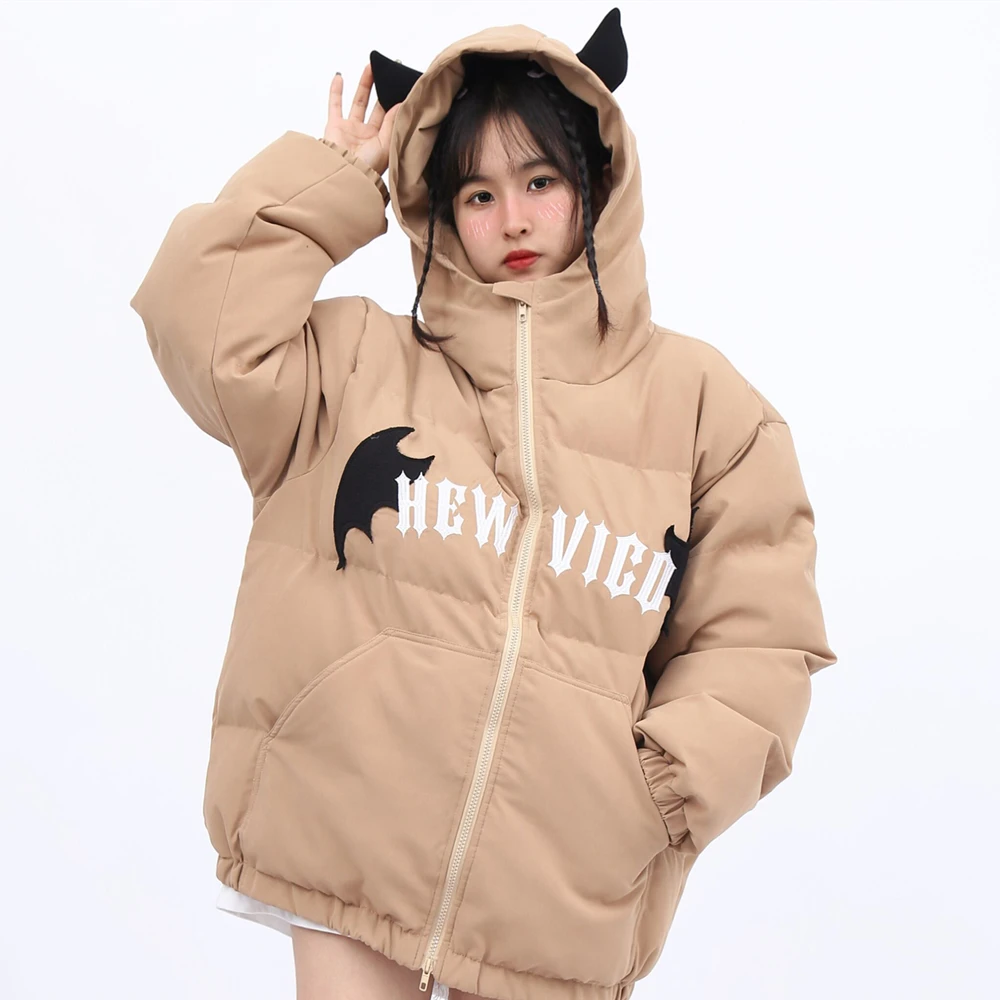 Hip Hop Goth Y2k Dark Devil Horn Embroidery Quilted Coats Thicken Warm Cotton Jacket Kawaii Winter Clothes Korean Couples Casual