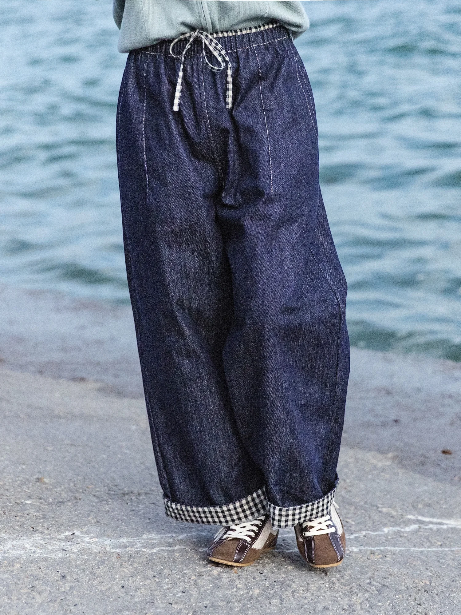 

Deep Blue Pure Cotton Plaid Splicing Elastic Waist Belted Women's Jeans Casual Versatile Loose Fit Spring Autumn Denim