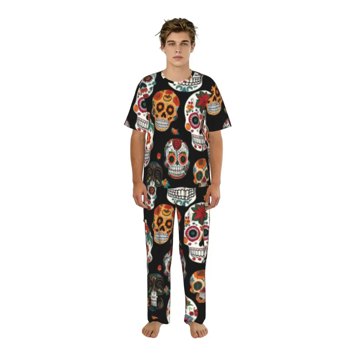 

Men's Casual Pajamas Sets Short Sleeve and Pants Sets Male Sleepwear Colorful Sugar Skulls The Day Of The Dead Home Clothes