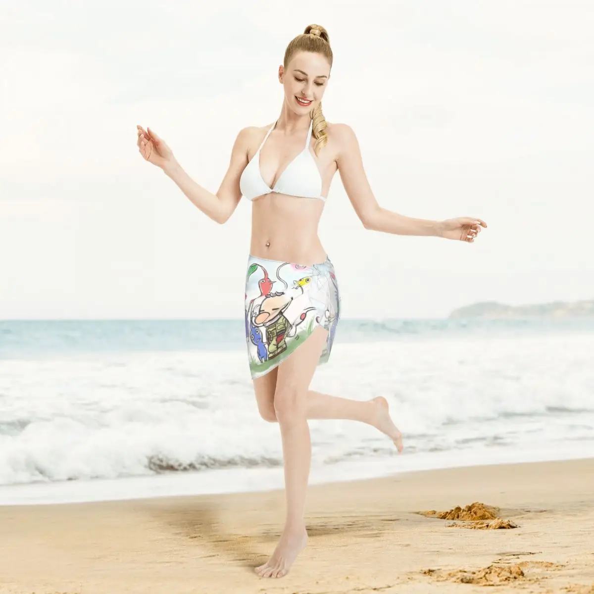 Personalizado pikmins impressão desenhos animados curto sarongs maiô cover-ups impresso bikini envoltório sheer sarong praia envoltório