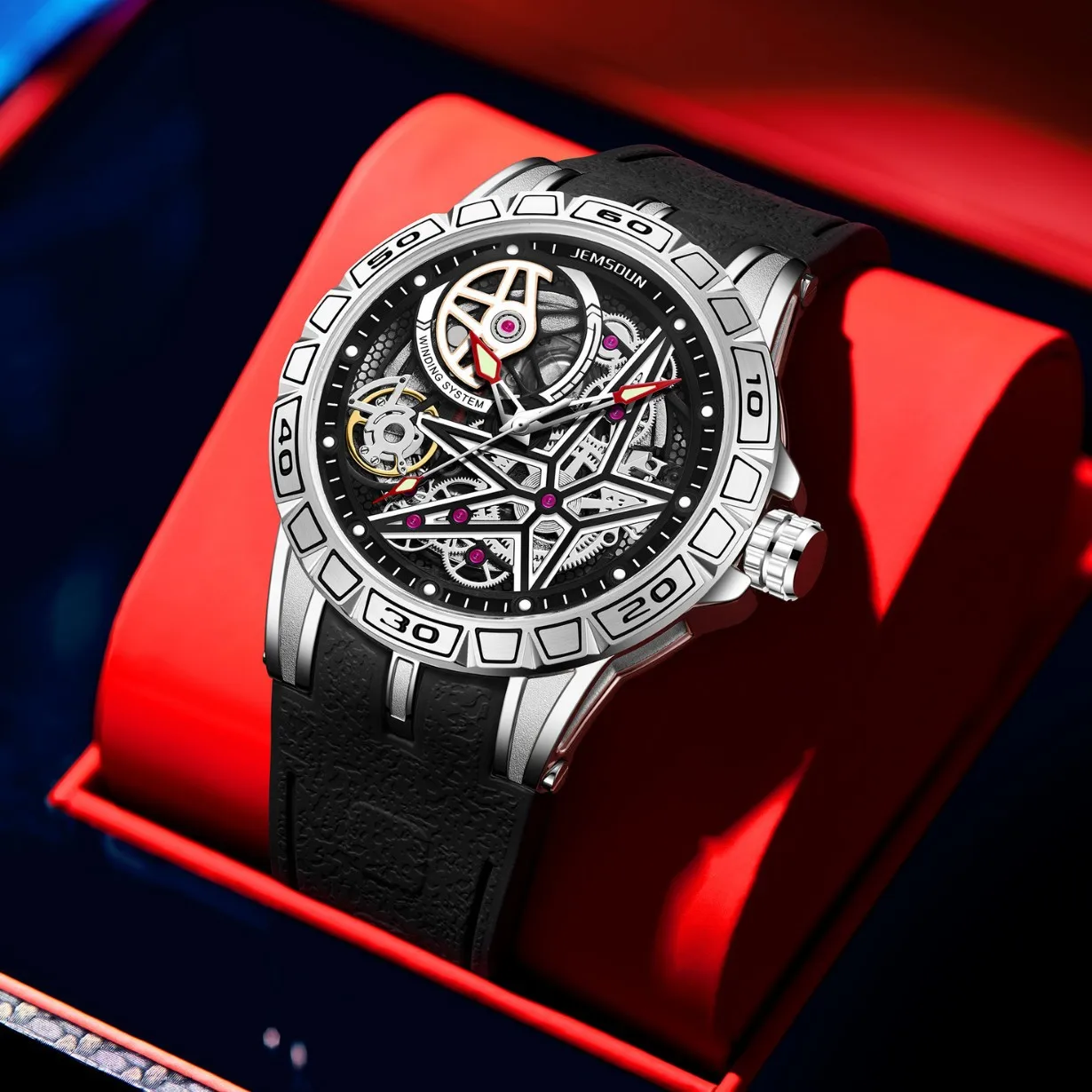 

3D Creative Metal Engraved Big Dial Quartz Men Watches AAA Cool Luxury Rubber Strap Imitation Mechanical Watch Skeleton Watch