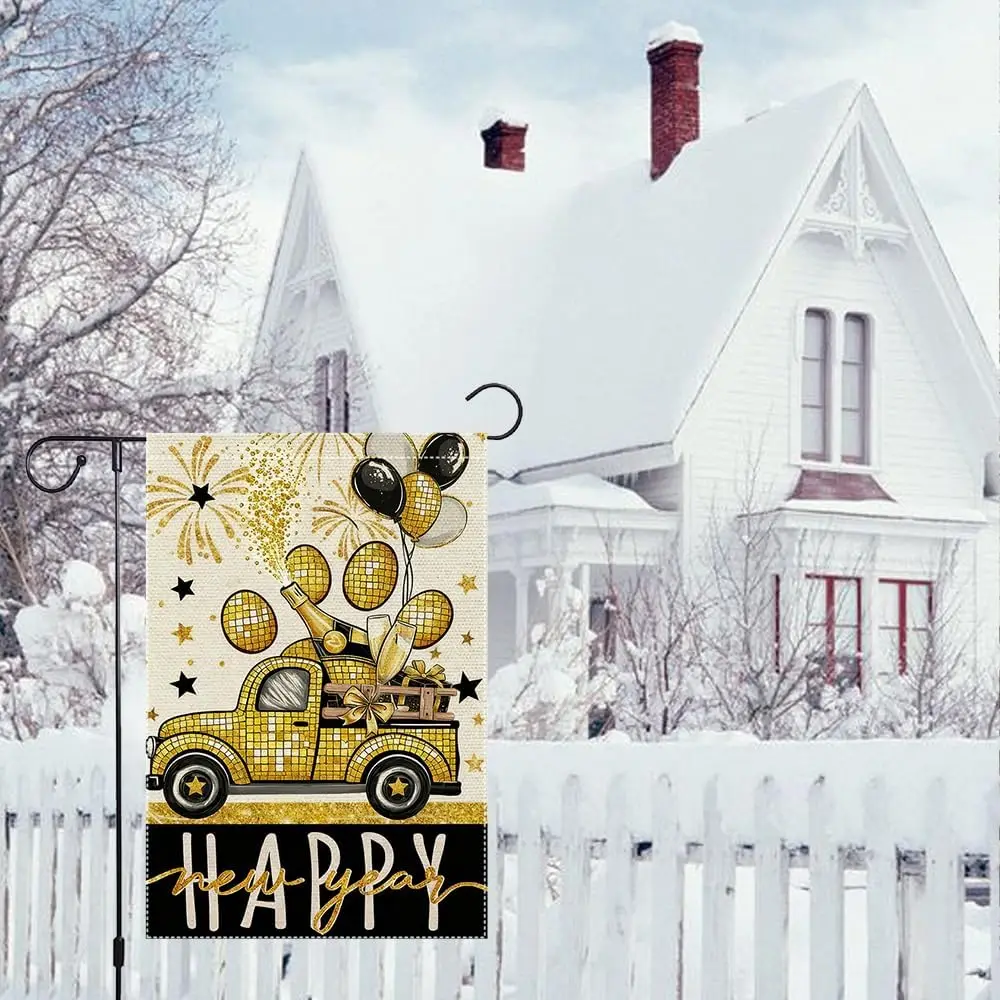 Happy New Year Garden Flag 12x18 Inch Double Sided Burlap Glitter Champagne Truck Balloons Winter garden Flags House Holiday uui
