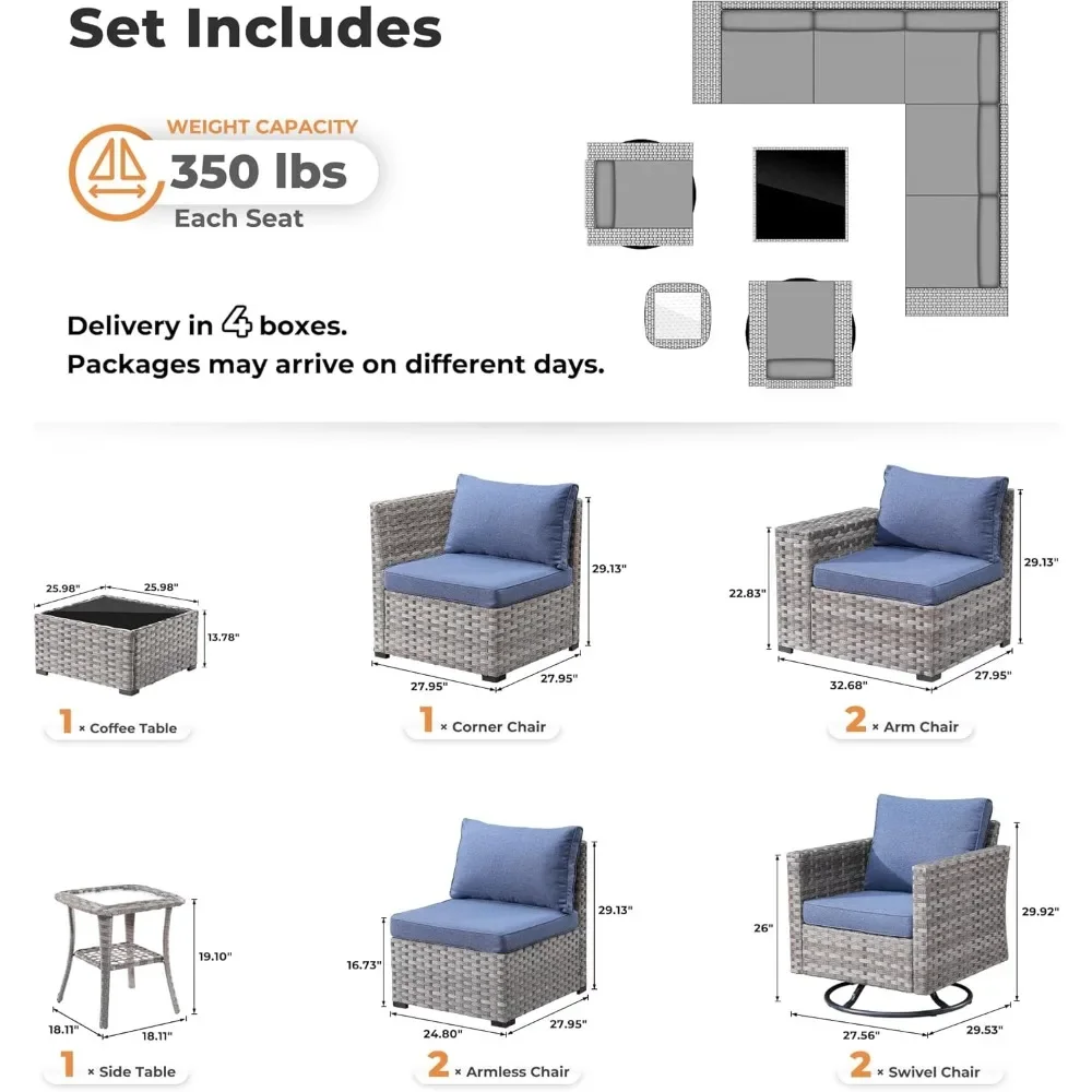 Outdoor Sectional Sofa 9 Pieces, Sofa with Swivel Rocking Chairs, Wide Arms and Deep Seat, Wicker Rattan Patio Furniture Set