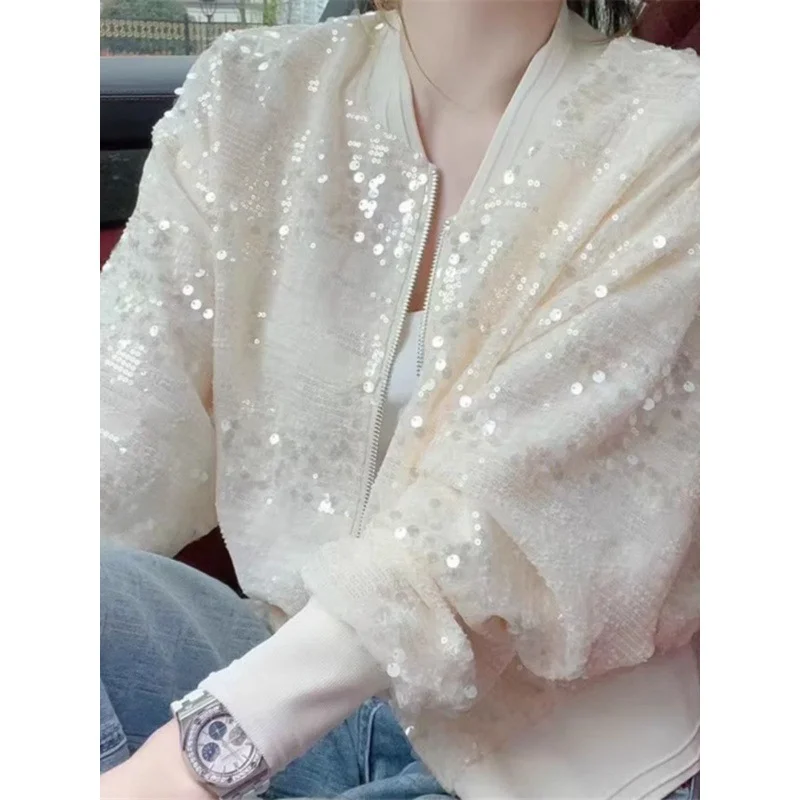 

Summer Baseball Uniform Coat Female Short Jacket Temperament Sequins Design Sense Leisure Vacation Top Korean Popular Clothes