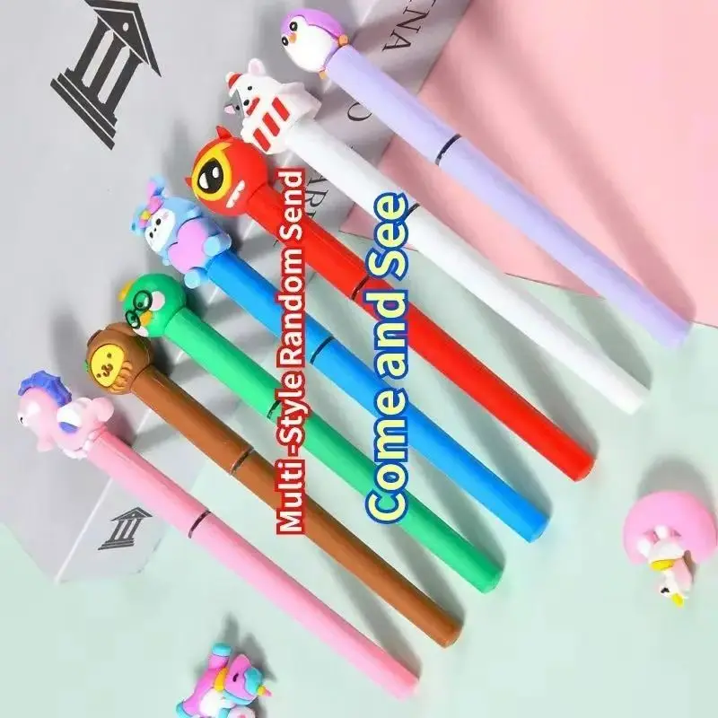 

10Pcs/Lot Cute Cartoon Straight Liquid Quick Drying Ballpoint Pen Carbon Black Gel Pens Kawaii School Office Writing Supplies