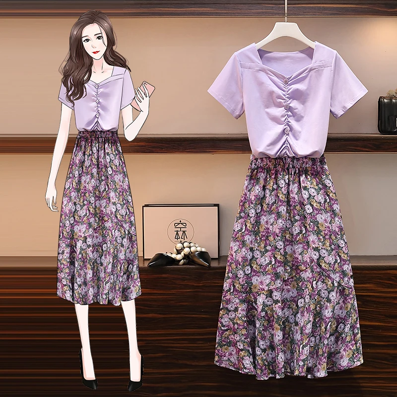 

Женский летний комплект для отпуска из двух предметов, плиссированная футболка и шифоновая юбка средней длины с принтом и оборками, повседневные одинаковые наряды