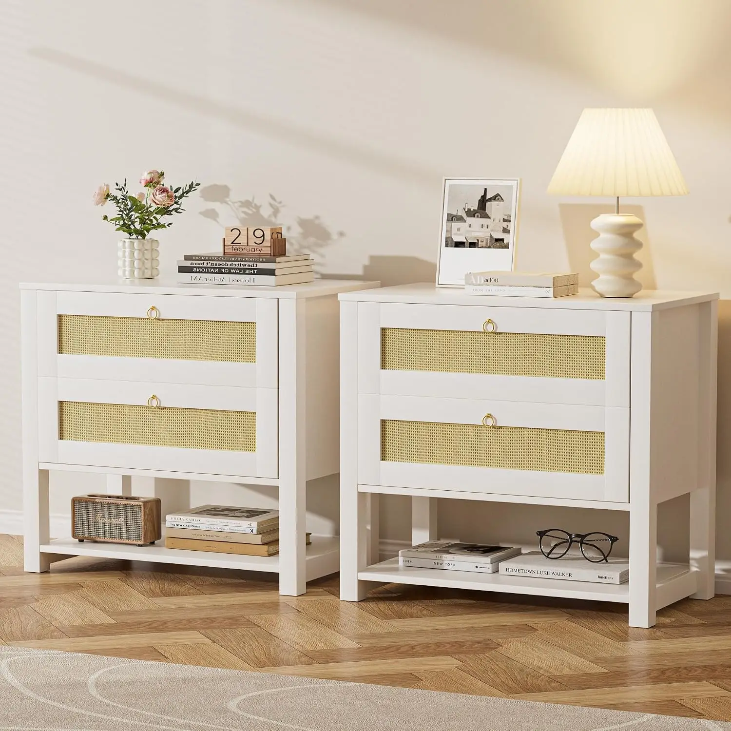 White Nightstand Set of 2 with Rattan Drawers & Open Shelf, Bed Side End Table for Bedroom & Living Room, Customized